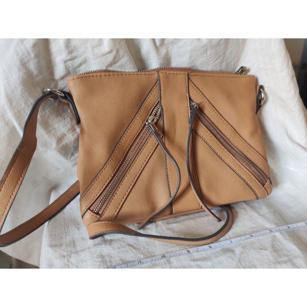 Nicole Miller Lily Small Camel Leather Crossbody Bag Zip Detail Purse